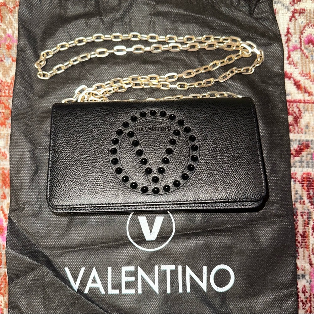 Valentino Black Studded Clutch with Gold Chain